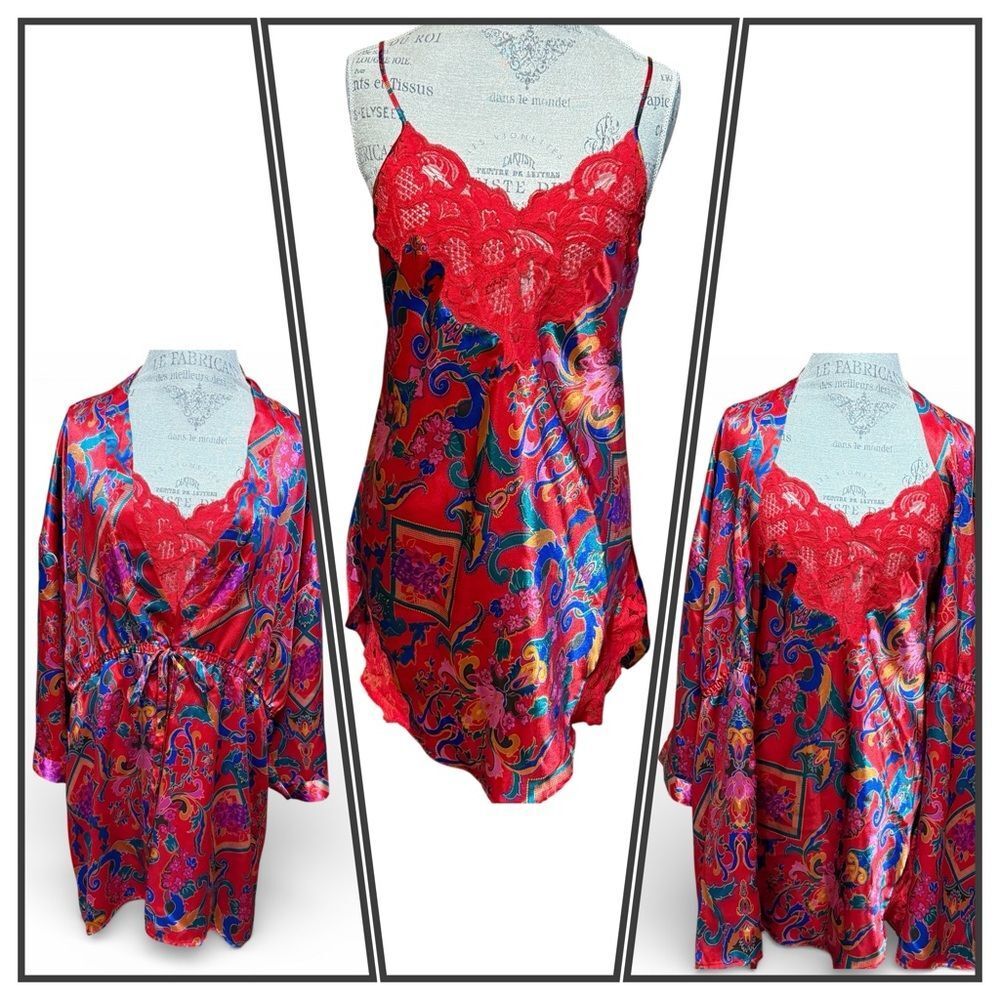 Vintage Gold Label Victoria’s Secret Robe Chemise Set Red Paisley Lace Trim M